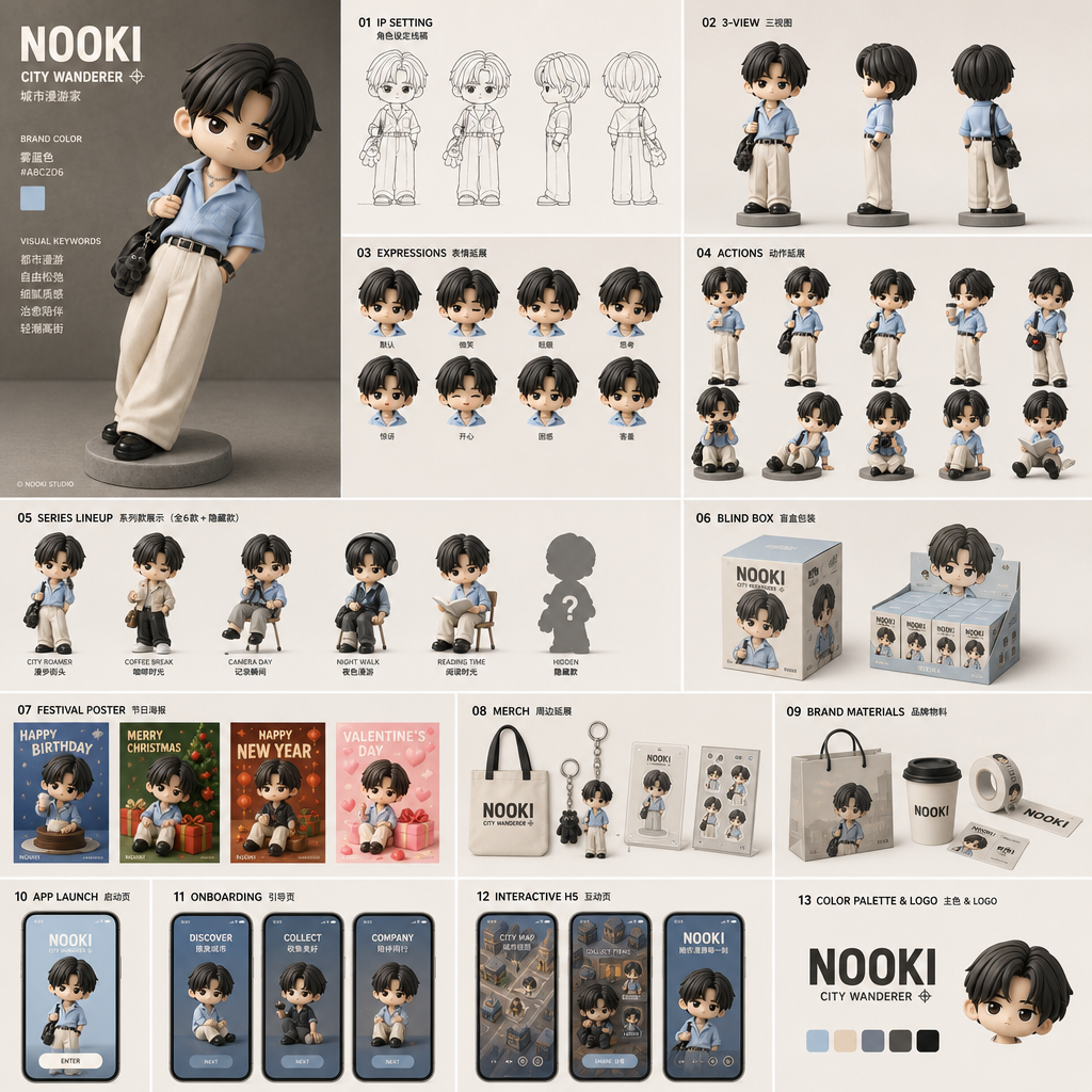 TIGER character design board with expressions, merch, blind box, and app concepts